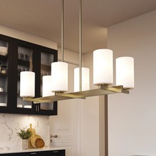 Quoizel Vista 6 Light Chandelier, Brushed Gold with White Shades, New in Box picture