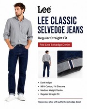 Lee Men's Selvedge Jeans Regular Straight Fit W34 L34 Premium Dark Indigo Denim picture