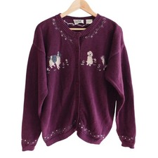 Vtg Northern Reflections Women's Grannycore Dog Sweater Cardigan Purple Sz Large picture