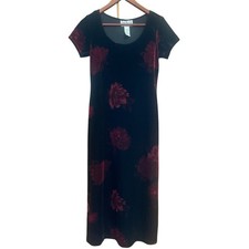 Vintage 90s Stretch Velvet Dress WHIMSIGOTH FAIRY GRUNGE Rose Print M Black picture