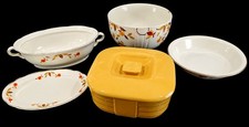 Vintage Hall Art Deco Canary Yellow Refrigerator Dish + 4 Autumn Leaf Pieces  picture