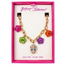 Betsey Johnson Sugar Skull Multicolor Flower Charm Necklace NIB picture