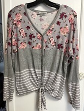 Absolutely Famous Women's Small Floral Striped Tie Front Button Up Blouse picture