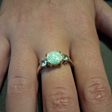 Vintage PAJ 925 Silver White Lab Opal Cushion Cut Three Stone Ring Size 9 (2.9g) picture