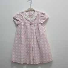 Tous Girls Pink/White Piqué Geometric A-Line Dress 4T Lined Bow Bear Cap Sleeve picture