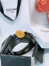 CELINE Black Leather Belt Gold Round Logo Buckle Men's Luxury With Box. picture