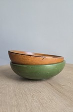 Vintage Japan Handpainted Wooden Painted Nesting Bowl Pair Green Brown Set Of 2 picture