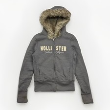 Y2K Hollister Fur Full Zip Up Grey Hoodie Women's Size Medium Winter Sweatshirt picture