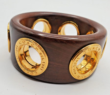Coach Signed Gold Brown Chunky Wooden Grommet-Stud Cuff Bracelet Y2K Size 7.75 picture