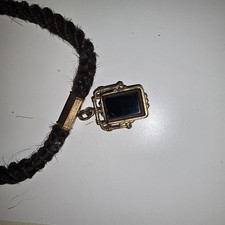 Late 1880's human hair mourning necklace with black onyx and agate stone pendant picture