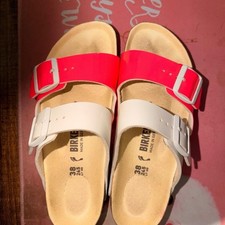Birkenstock Women's Slide Sandals Red/White Cork Suede Buckle Straps EU 38 picture