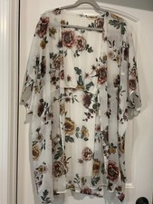 Maurices Floral Kimono Topper Womens L/XL White gold Artsy Soft Long Loose EUC picture