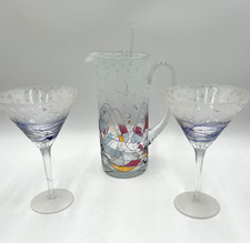 Ponder Studio Art Glass Martini Glasses (2) Pitcher Stirrer Frosted Star Set picture