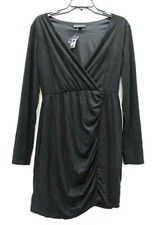 Abbeline Womens Black Surplice Neck Long Sleeve Faux Wrap A Line Dress L picture