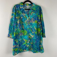 Catherines Button Up Shirt Size 1X Lightweight Cotton 3/4 Sleeves Blue Green picture
