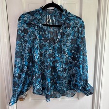 Anthropologie Blue Floral Sheer Blouse | Ruffle Neck | Size M | EUC picture
