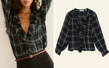 Women Doen Collared Checked Ruffle Long Sleeve Top picture