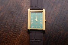 vintage Seiko Quartz Slim Tank Men Green Dial Dark Brown leather Dress Watch picture
