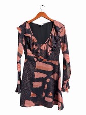 Topshop Mini Dress US 4 UK 8 Black Pink Abstract Ruffle V-Neck Bell Sleeve Lined picture