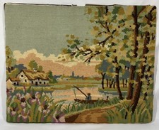Vintage Finished Needlepoint Landscape Tapestry Panel Hand Embroidered 20