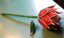 Vtg FRENCH GLASS SEED BEADED RED/CLEAR ROSE FLOWER & LEAF 12