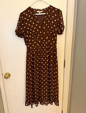 Les Serein Brown/White Polka Dot V-Neck Puff Sleeve Ruffle Midi Dress PM picture