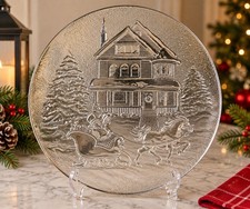 Vintage Clear Glass Christmas Platter Horse Sleigh Victorian House 12.5” picture
