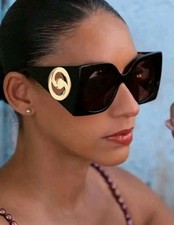 Womens Celebrity Designer Oversized Black Square Sunglasses with  Gold Accent picture