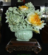18.5'' Chinese Natural Xiu Jade Carved Fengshui Flower Bird Potted Plant Statue picture