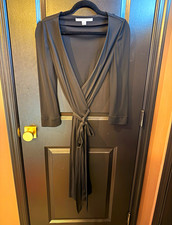 Diane von Furstenberg Black Solid Wrap Dress V-Neck 3/4 Sleeve Tie Sz 8 picture