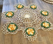 Vintage Handmade Crochet Floral Table Centerpiece Doily 16” Yellow Orange Green picture