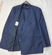 Vintage Oleg Cassini Couture Double Breasted 100% Wool Suit Blue Striped 44L picture