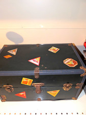 Small 1920s True Vintage Green Metal Hard Travel Trunk With Compartment Storage picture