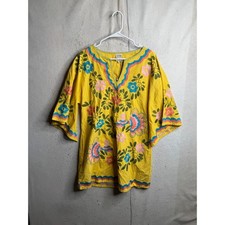 Sister Mary Nina Yellow Floral Embroidered Cotton Tunic Top Bell Sleeve NWT M picture