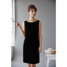 1950’s Black Velvet Shift Cocktail Dress Silk Collar Glass Beading picture