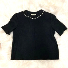 Zara Trafaluc Black Pearl Neck Detail Sweater Knit Top sz.L NEW picture