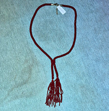 Talbots Signed Red Crystal Beaded Tassel Necklace Gold-Tone Lobster Clasp picture