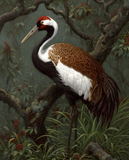 Red-Crowned Crane Perched in Dark Forest Print - 185953024 picture
