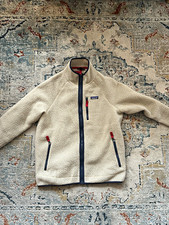 Patagonia Men's L Full Zip Jacket Beige/Blue/Red Stand-Up Collar Pockets picture