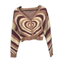 LA Hearts Cropped Cardigan Sweater Brown Beige Red Heart Illusion Pattern S picture