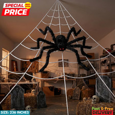 236'' Big Spider Web Halloween Decor+70'' Huge Spider for Roof with Triangular B picture