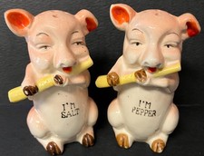 Vintage '50s - Pigs Playing Flutes - Ceramic  - Salt & Pepper Shakers - Japan picture