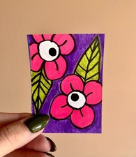ACEO Original Art Cards Solid Background Eyeball Flower #1/4 picture