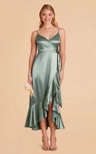 Birdy Grey Dress Womens Size Medium satin shiny sea glass YC  Ruffle Faux wrap picture