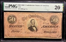 T-66 1864 Confederate States $50 Civil War CSA Obsolete Banknote Currency PMG 20 picture