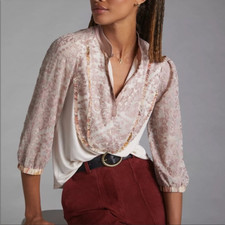 Tiny by Anthropologie Cream & Pink High Neck Ruffle Front Blouse Size Small picture