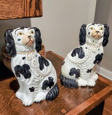 Pair of Vintage Stafford Spaniels 19th-C Black/White Dogs 8.75
