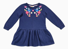 Mini Boden Sweater Dress 5 - 6 Blue Applique Flowers Butterflies Birds Fruit picture