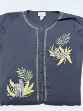 Vtg Jenny Safari Embroidered Tiger Zebra Cardigan Sweater Black Jungle Grand XL picture