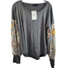Loveu.dear BOHO Top Womens Large Gray Boho Mosaic Print Long Sleeve Scoop Neck picture